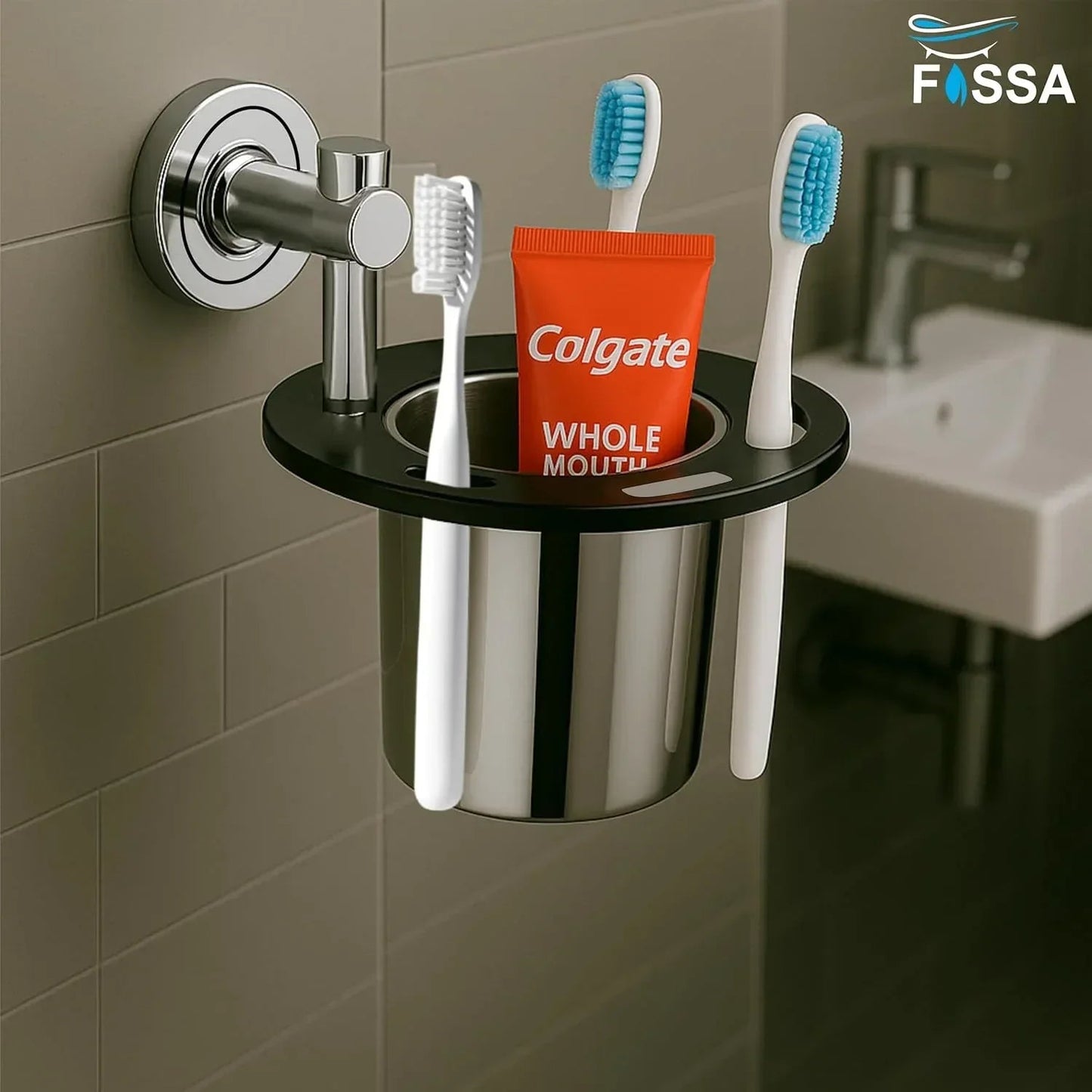 Stainless Steel Wall Mounted Brush & Tumbler Holder Black-Chrome