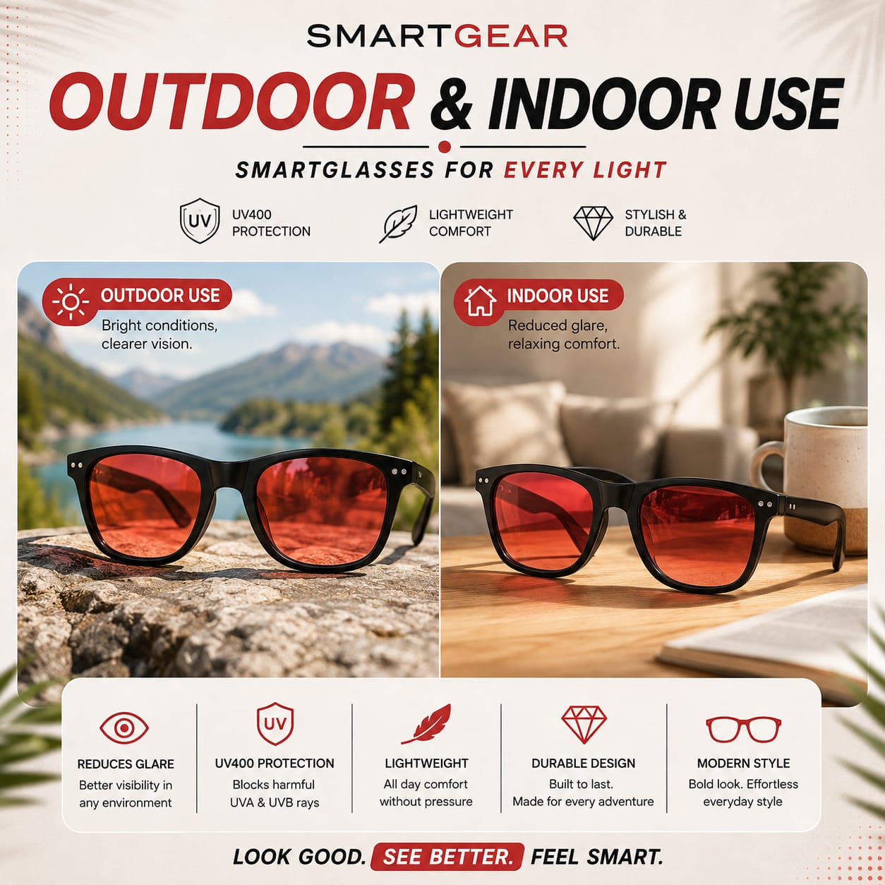 SmartGear 100% Blue Light Blocker upto 550nm | Amber Glasses for Day & Night | Indoor & Outdoor use for both Men & Women