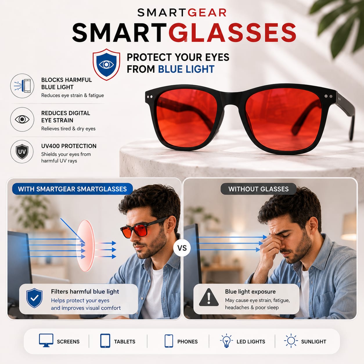 SmartGear 100% Blue Light Blocker upto 550nm | Amber Glasses for Day & Night | Indoor & Outdoor use for both Men & Women