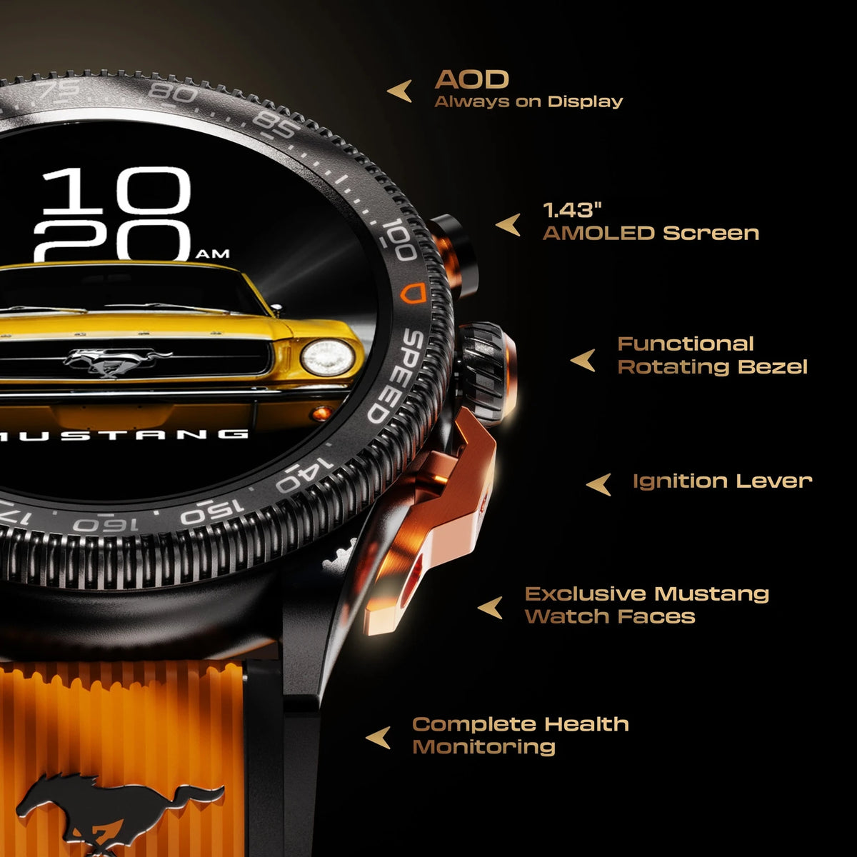 GOBOULT Mustang Stallion 1.43" AMOLED Display, Functional Bezel, 700 Nits Brightness Smartwatch (Nitro Black Strap, Free Size)