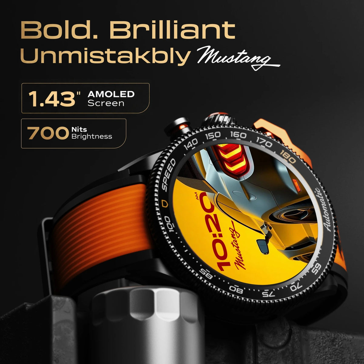 GOBOULT Mustang Stallion 1.43" AMOLED Display, Functional Bezel, 700 Nits Brightness Smartwatch (Nitro Black Strap, Free Size)